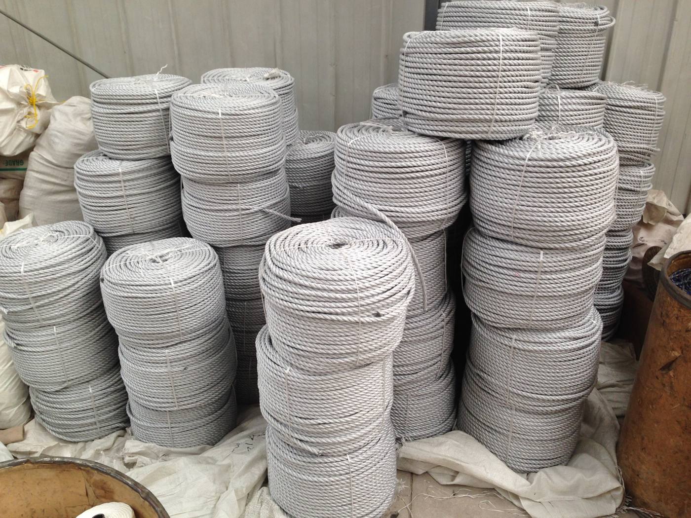 Grey double-braided nylon rope, stacked skeins