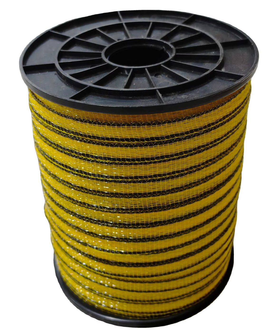 Yellow and black electric-fence polyrope close-up showing the braided conductor layout
