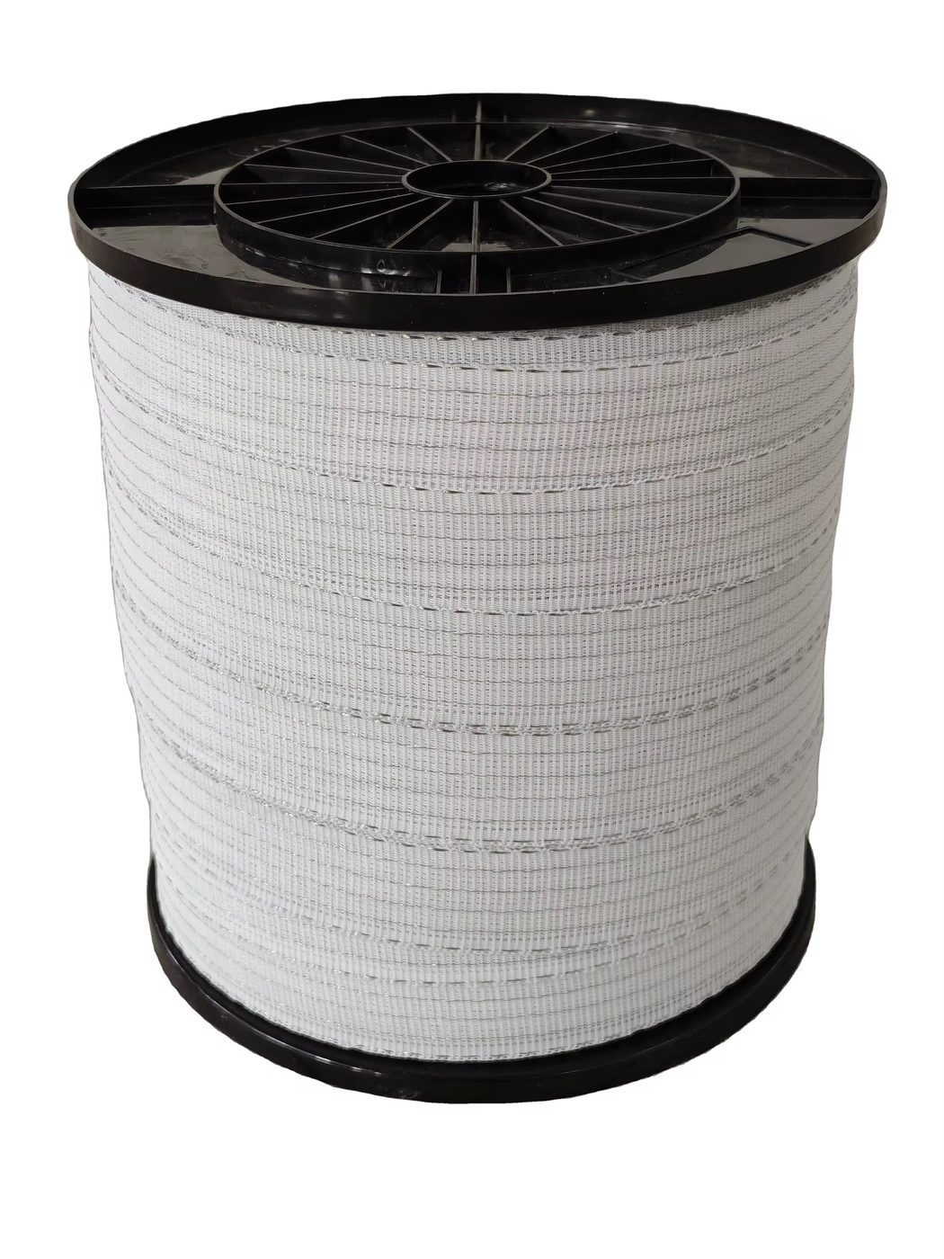 White electric-fence polytape on a black plastic reel with visible metal conductor pattern